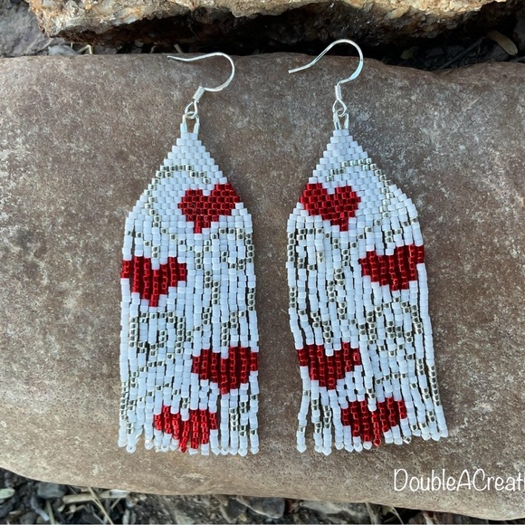 Red Hearts with Silver Scroll Beaded Earrings, New, Handmade by Me - Picture 2 of 11